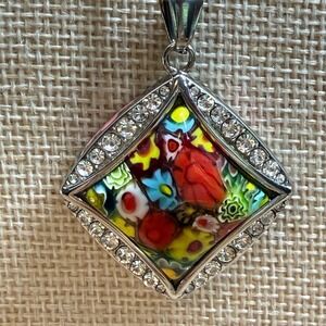 Multicolor Millefiori Resin Floral Pendant Necklace Rhinestone Silver Tone